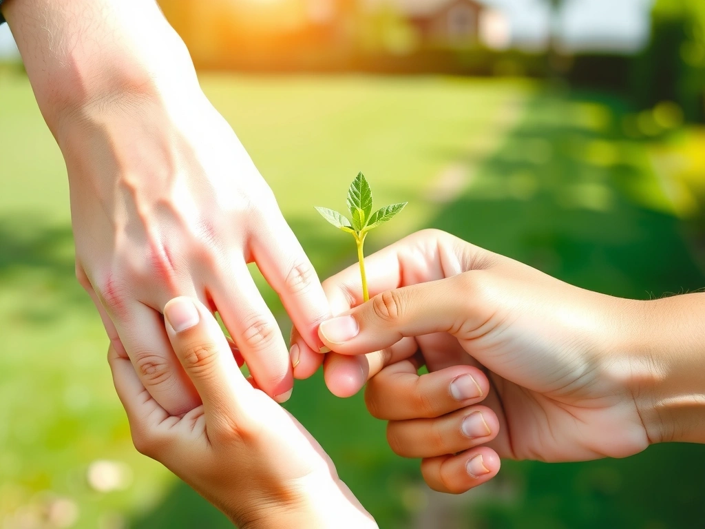 Due mani che si tengono, con un piccolo germoglio verde che spunta tra le dita, simboleggiando crescita, speranza e cura per il futuro. Sfondo naturale e luminoso.