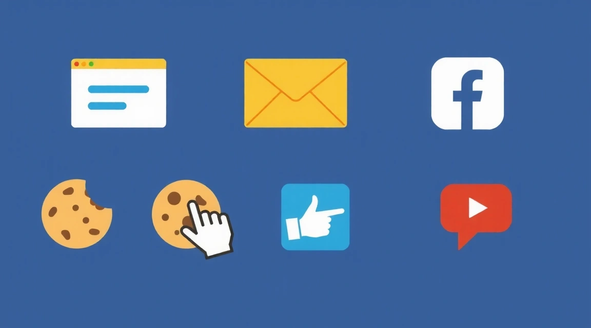 Illustrazione di diverse icone di raccolta dati: modulo, email, cookie, social media