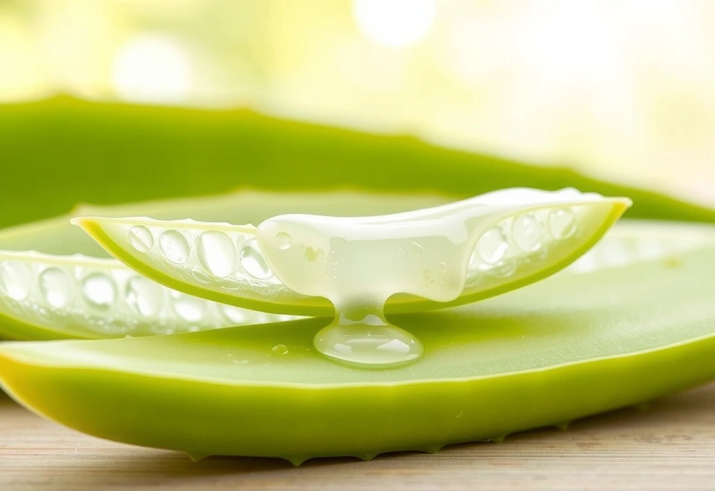 Foglie fresche di Aloe Vera tagliate a fette, con il gel trasparente ben visibile, su uno sfondo verde sfocato.