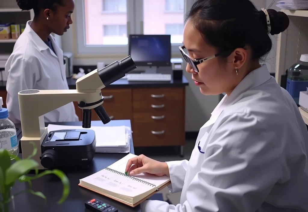 Un tecnico di laboratorio esamina campioni vegetali al microscopio, rappresentando il controllo qualità rigoroso.