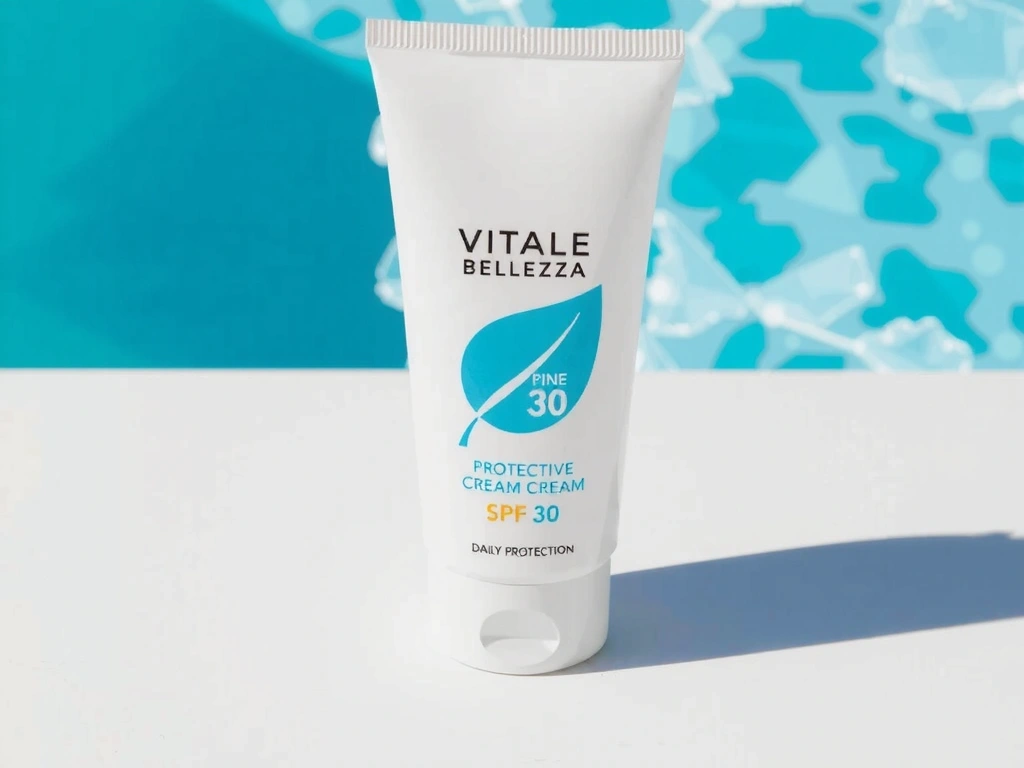 Crema Protettiva SPF 30 VitaleBellezza, un flacone bianco con un'ombra di foglie e un tocco di sole.