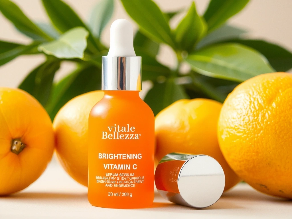 Siero Illuminante alla Vitamina C VitaleBellezza, un flacone arancione brillante con agrumi freschi sullo sfondo.