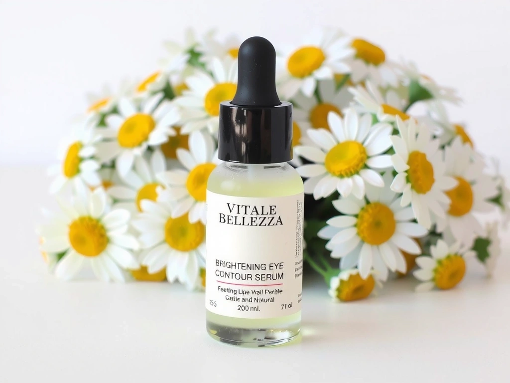 Siero Contorno Occhi Illuminante VitaleBellezza, un piccolo flacone con contagocce, su sfondo di fiori di camomilla.