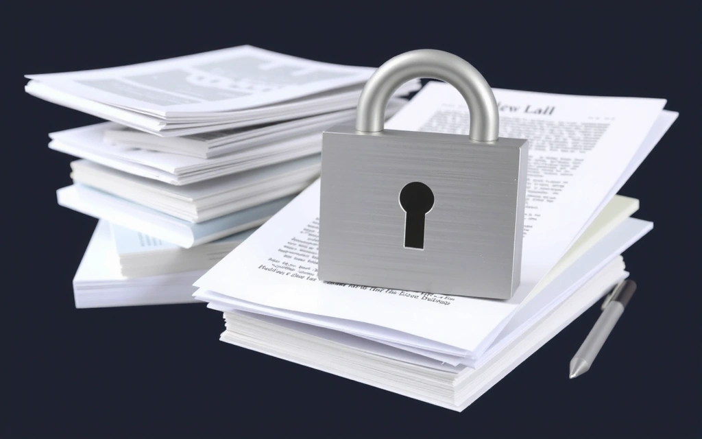 Pile di documenti legali con un lucchetto sopra